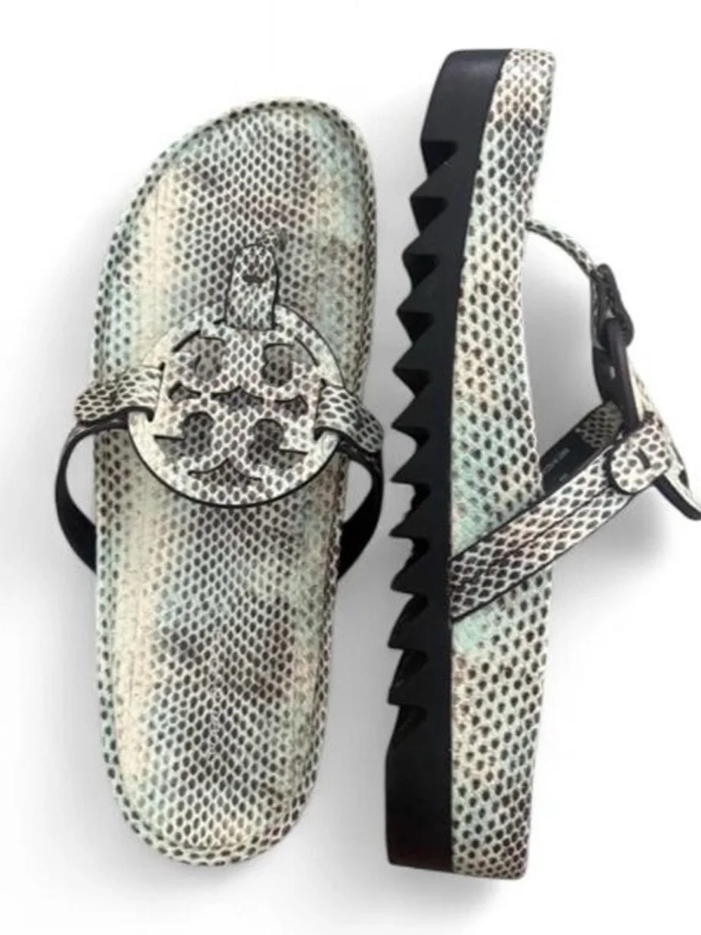 Tory Burch Miller Cloud Lug Sandals Seaside Roccia Snakeskin, Sawtooth Sole, 9